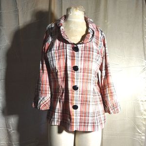 Vintage 90s Orange Cream Black Blue Plaid Print Silk?Long Sleeve Blouse. Large